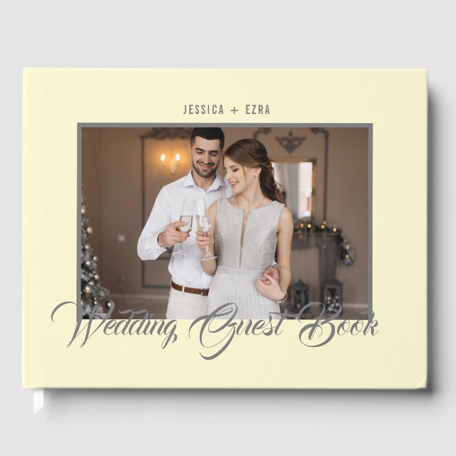 Stylish Script Gray and Soft Yellow | Photo Guest Book (Front)