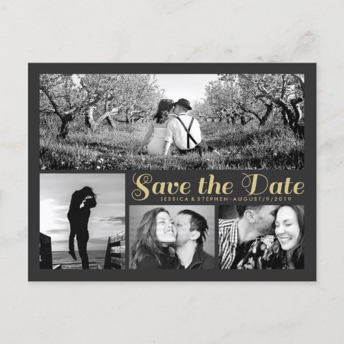 Stylish Script Grey Save The Date Collage Postcard