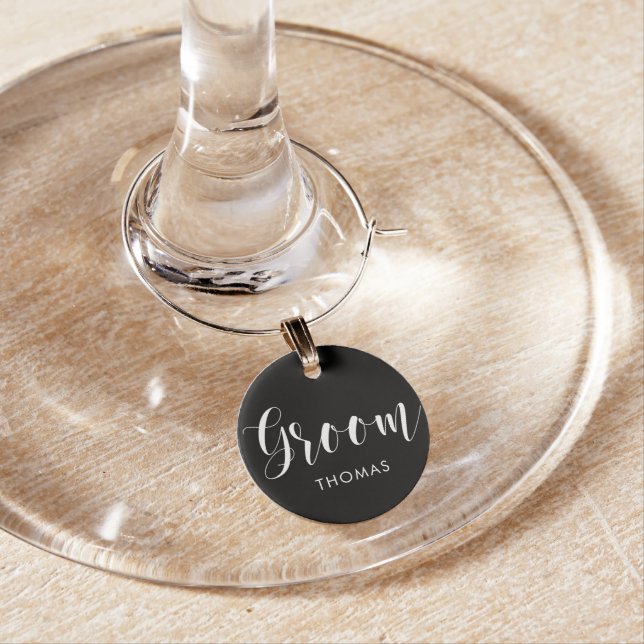 Stylish Script "Groom" Personalized Wine Charm (In Situ)