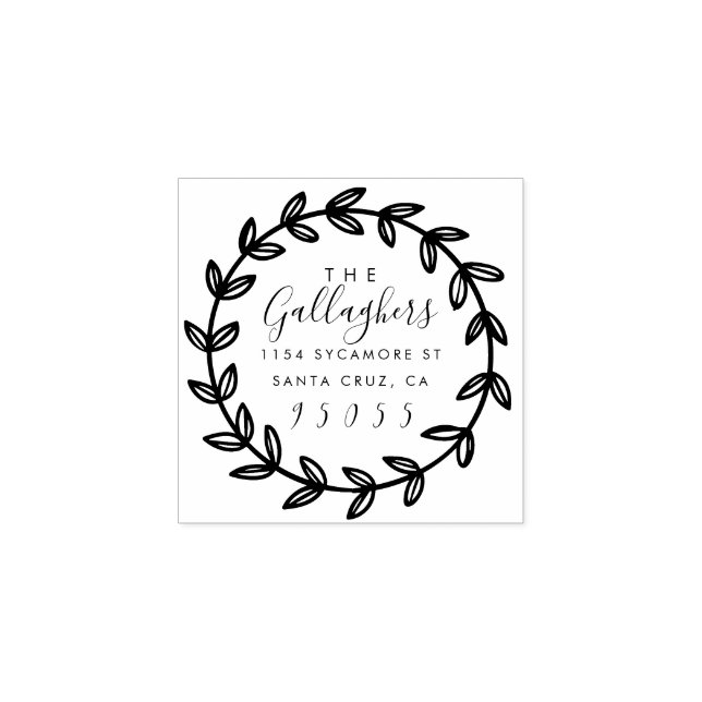 Stylish Script & Hand Drawn Wreath Return Address Rubber Stamp (Imprint)