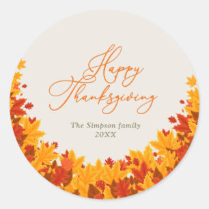 stylish script happy thanksgiving fall leaves classic round sticker