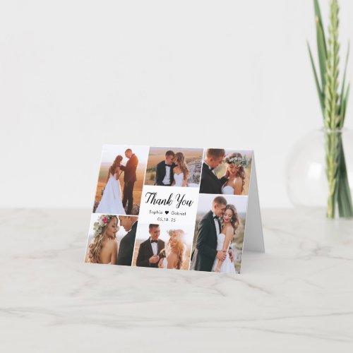 Stylish Script Heart 6 Photo Collage Wedding  Thank You Card