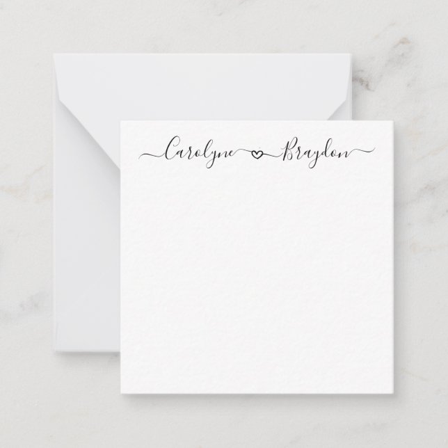 Stylish Script Heart Couple Name Wedding Newlywed Note Card (Front)