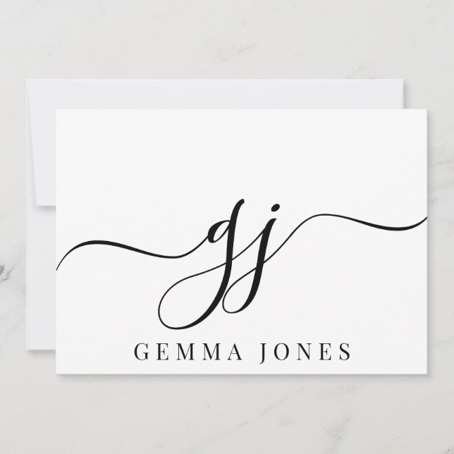 Stylish Script Initial Black Monogram On White Note Card (Front)