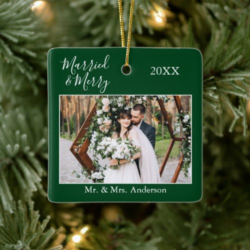 Stylish Script Married and Merry Wedding Green Ceramic Ornament