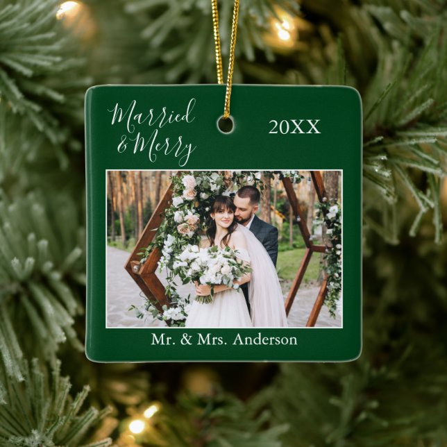 Stylish Script Married and Merry Wedding Green Ceramic Ornament (Tree)