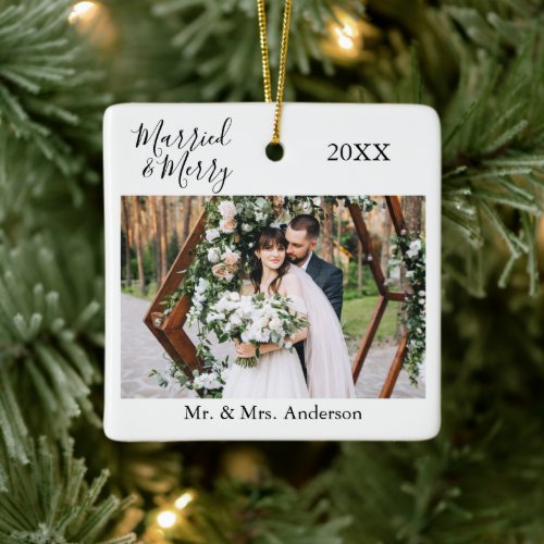 Stylish Script Married and Merry Wedding Photo Ceramic Ornament