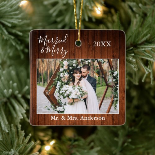 Stylish Script Married and Merry Wood Wedding  Ceramic Ornament