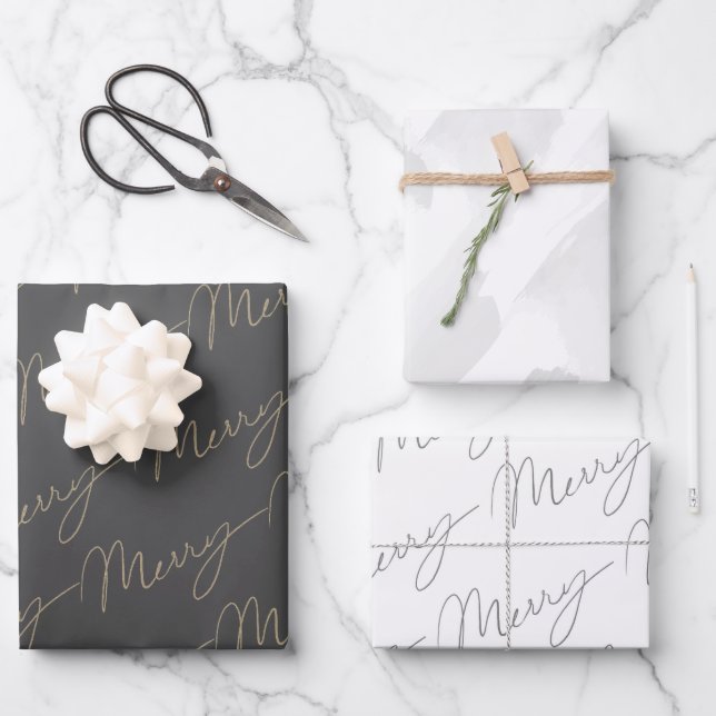 Stylish Script Merry & Watercolor Gray Wrapping Paper Sheets (Front)