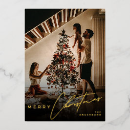Stylish Script Minimalist 1 Photo Red Christmas Foil Holiday Card