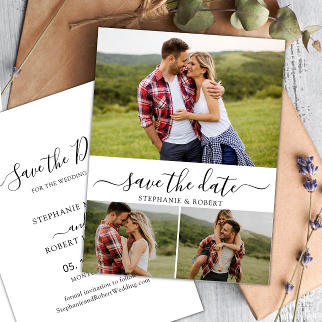 Stylish Script Minimalist 3 Photo Collage Wedding Save The Date (Creator Uploaded)