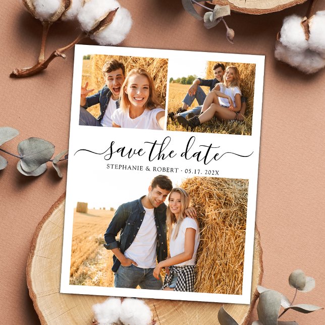 Stylish Script Modern 3 Photo Collage Wedding Save The Date (Creator Uploaded)