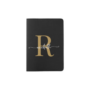 Stylish Script Modern Black Gold Monogram Name Passport Holder