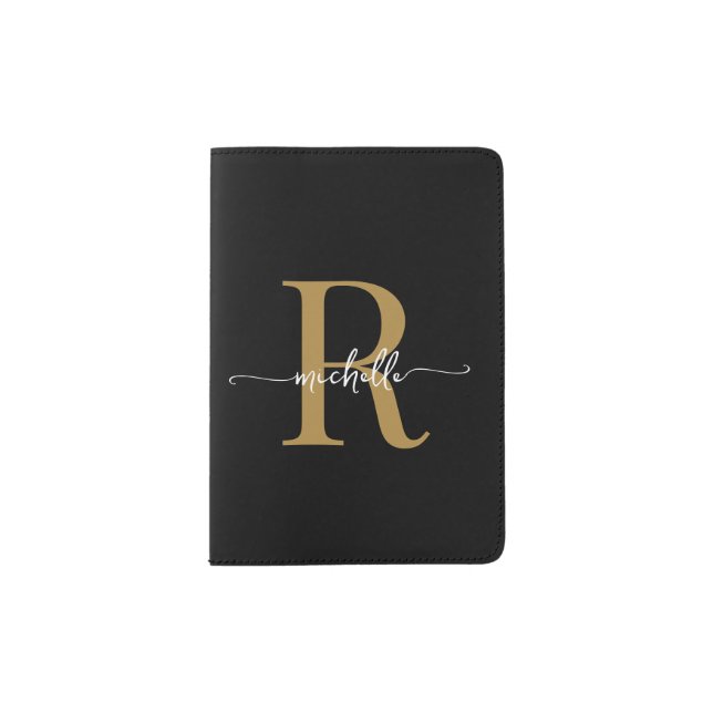 Stylish Script Modern Black Gold Monogram Name Passport Holder (Front)