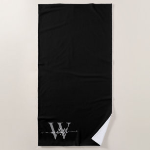 Stylish Script Modern Black Gray Monogram Name Beach Towel