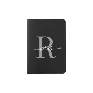 Stylish Script Modern Black Gray Monogram Name Passport Holder