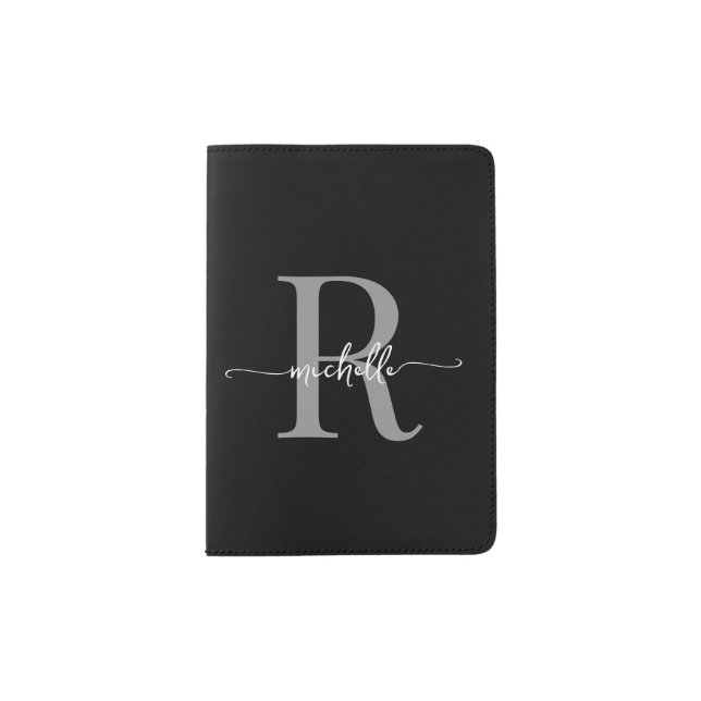 Stylish Script Modern Black Gray Monogram Name Passport Holder (Front)