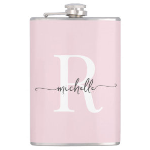 Stylish Script Modern Blush Pink Monogram Name Flask
