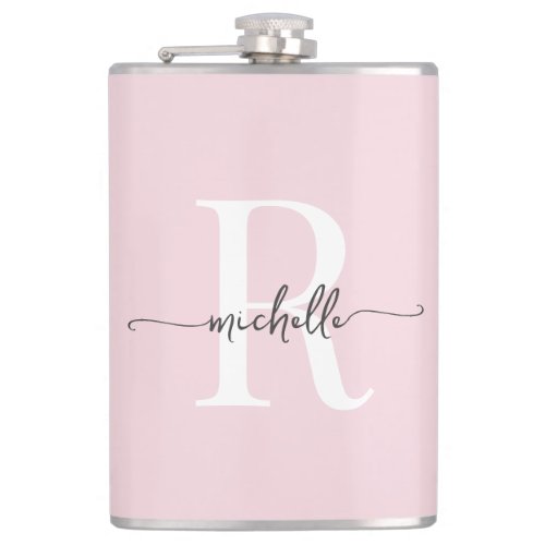 Stylish Script Modern Blush Pink Monogram Name Flask