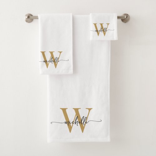 Stylish Script Modern White Gold Monogram Name Bath Towel Set