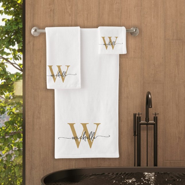 Stylish Script Modern White Gold Monogram Name Bath Towel Set (Creator Uploaded)