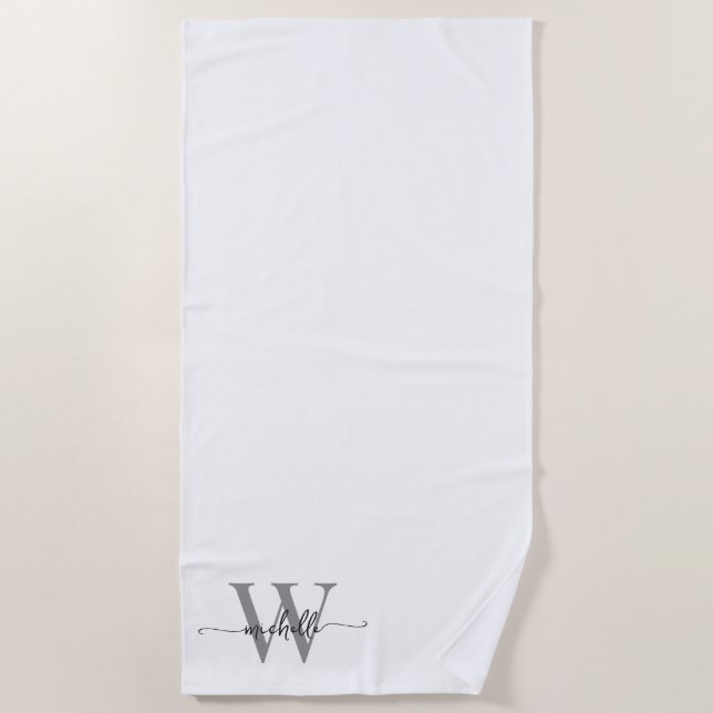 Stylish Script Modern White Gray Monogram Name Beach Towel (Front)