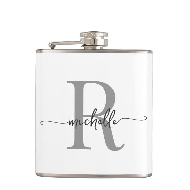 Stylish Script Modern White Gray Monogram Name Flask (Front)