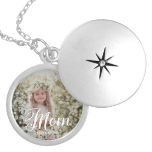Stylish Script Mom Typography Photo and Name Locket Necklace