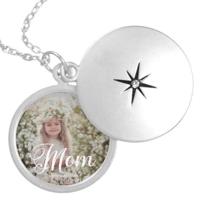 Stylish Script Mom Typography Photo and Name Locket Necklace (Front)