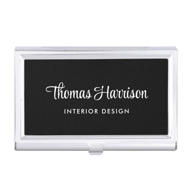 Stylish Script Monogram Black Business Card Case (Front)