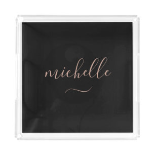 Stylish Script Monogram Black Gold Swash Acrylic Tray