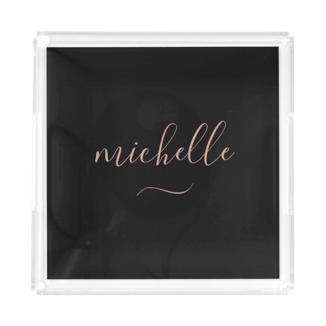 Stylish Script Monogram Black Gold Swash Acrylic Tray (Front)