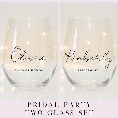 Stylish Script Monogram Bridal Party Stemless Wine Glass