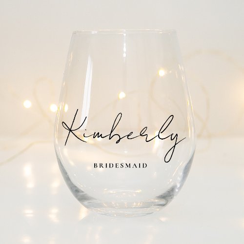 Stylish Script Monogram Bridesmaid Wedding Stemless Wine Glass
