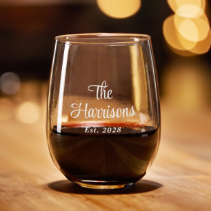 Stylish Script Monogram Family Wedding Stemless Wine Glass