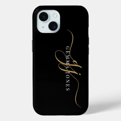 Stylish Script Monogram Initials Gold Black iPhone 15 Case