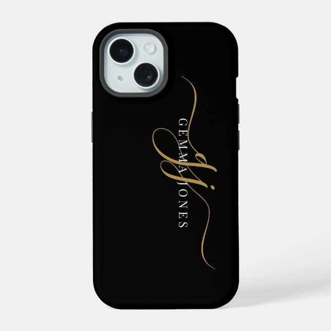 Stylish Script Monogram Initials Gold Black Iphone Case (Back)