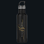 Stylish Script Monogram Initials Gold Black Stainless Steel Water Bottle<br><div class="desc">An elegant modern minimalist style monogrammed water bottle with a sans serif name and elegant gold swash script initials on black.</div>