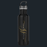Stylish Script Monogram Initials Gold Black Stainless Steel Water Bottle<br><div class="desc">An elegant modern minimalist style monogrammed water bottle with a sans serif name and elegant gold swash script initials on black.</div>
