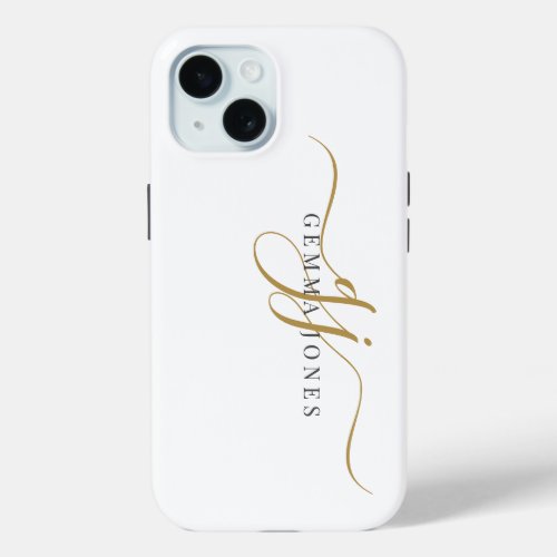 Stylish Script Monogram Initials Gold White iPhone 15 Case