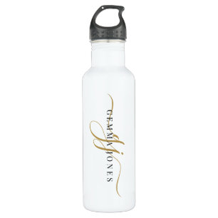 Stylish Script Monogram Initials Gold White Stainless Steel Water Bottle