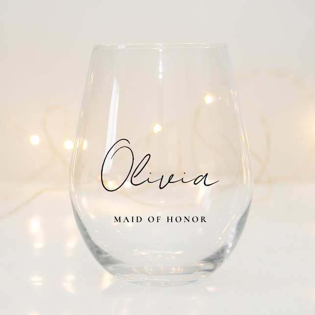 Stylish Script Monogram Maid Of Honor Wedding Stemless Wine Glass (Creator Uploaded)