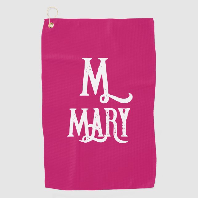 STYLISH SCRIPT MONOGRAM PINK GOLF TOWEL (Front)