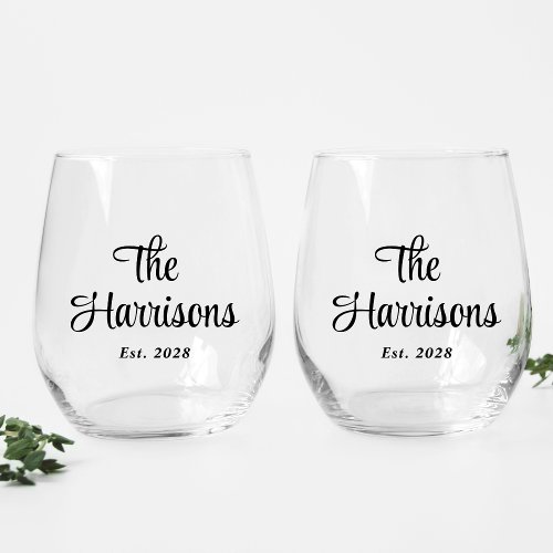 Stylish Script Monogram Wedding Stemless Wine Glass