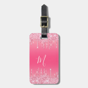 Stylish Script Monogrammed Pink Glitter Dripping Luggage Tag