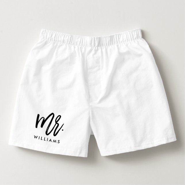 Stylish Script "Mr. Last Name" Groom Boxers (Front)