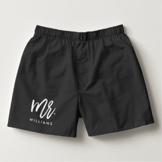 Stylish Script "Mr. Last Name" Groom Boxers