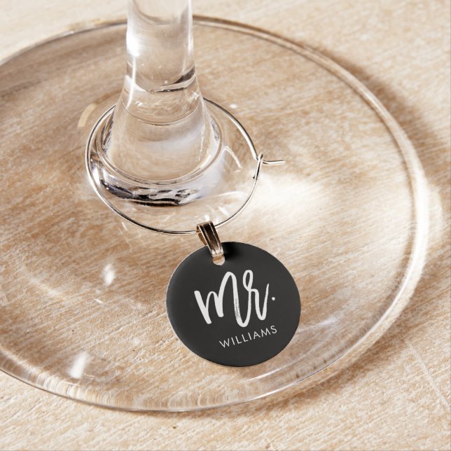 Stylish Script "Mr Last Name" Personalized Wine Charm (In Situ)