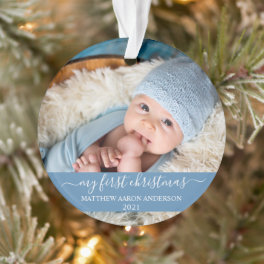 Stylish Script My First Christmas Baby Blue Ornament