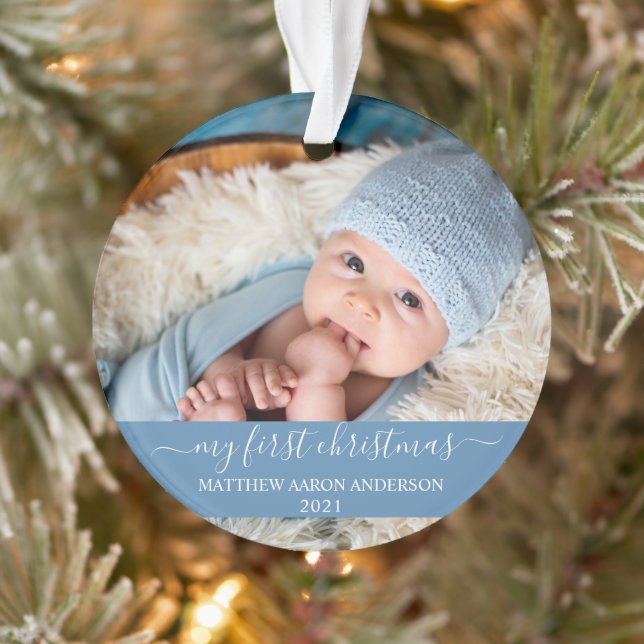Stylish Script My First Christmas Baby Blue  Ornament (Tree)